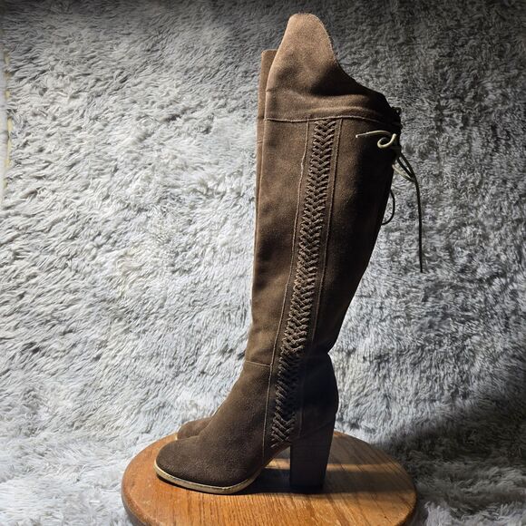 Sbicca Gusto Womens Size 7 Over the Knee Tie Tan Suede Leather 3.5" Heel Boots - Picture 1 of 13